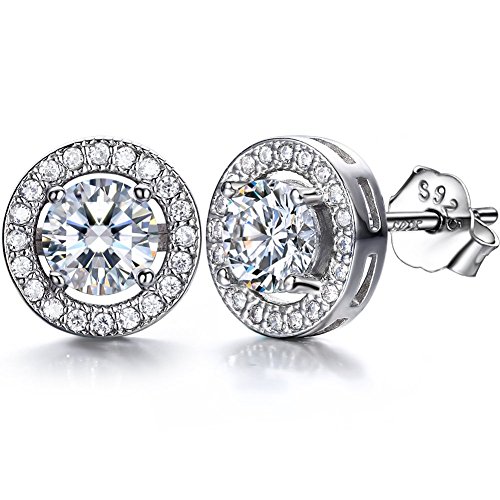 J.SHINE 18K White Gold Plated 3A 6mm Cubic Zirconia Cushion Shape Halo 925 Silver Stud Earrings for women, 1 carats