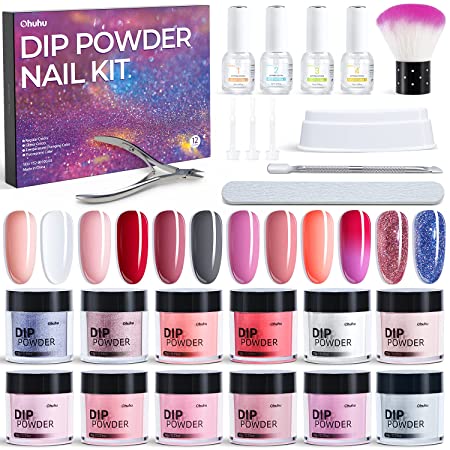 Dipping Powder Nail Kit, Ohuhu 12 Colors Dip Powder Nails Art Kit with Glitter, Florescent, Temperature Changing Color and Regular Color for French Nail DIY for Girls Lover Mother Girlfriend