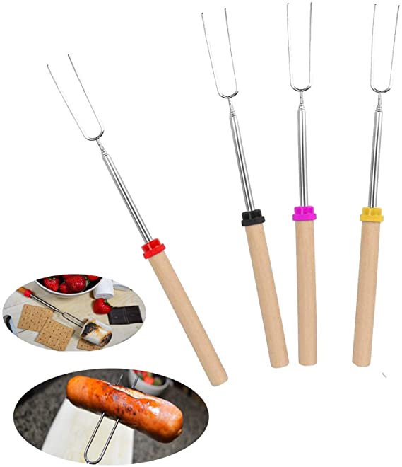 EZ LIFE PRODUCTS Marshmallow Roasting Sticks Extra Long 32-inch 4 Pcs Wooden Handle Extendable Sturdy Stainless Steel Roasting Forks for BBQ,Campfire,Hot Dog,Telescoping Camping Safe with Storage Bag