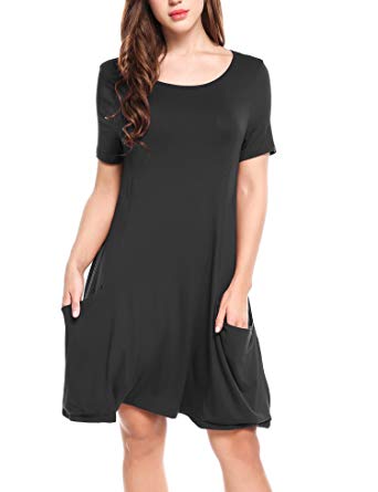 Beyove Women Asymmetrical Mock Neck Short Sleeve Casual Plain Loose Tunic Dress