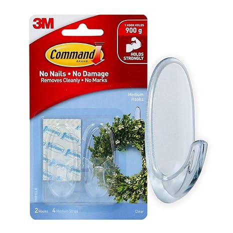 3M Command, Medium Clear Wall Hooks, Up to 900gms, Holds Strongly, Reusable, Adhesive hooks for wall, Multi-surface damage free hooks for hanging (Transparent, 2hooks, 4 stripss)