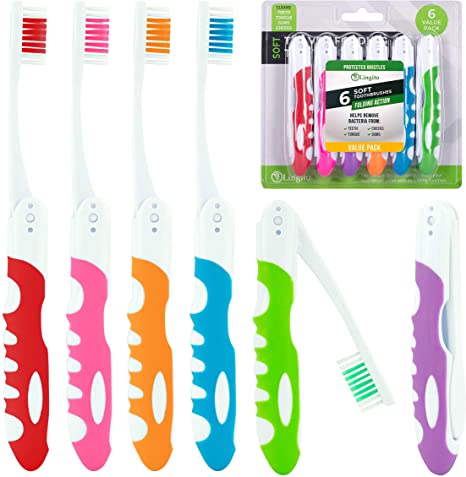 Travel Toothbrush, Portable Toothbrush Built in Cover, Travel Size Toothbrush for Hiking, Camping, and Traveling, Folding Toothbrushes, Collapsible Multi Color Travel Toothbrush Kit (6 Pack-Soft)