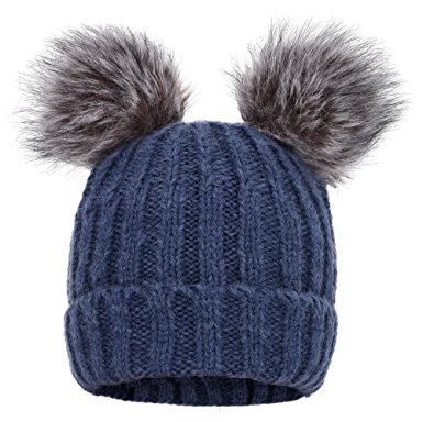 Arctic Paw Cable Knit Beanie with Faux Fur Pompom Ears