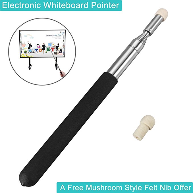 Telescopic Teacher Hand Pointer, BonyTek Retractable Classroom Electronic Whiteboard Teaching Pointer Scalable Leader Baton Tour Guide Flagpole with White Mushroom Felt NIB, Extends to 39" - Black