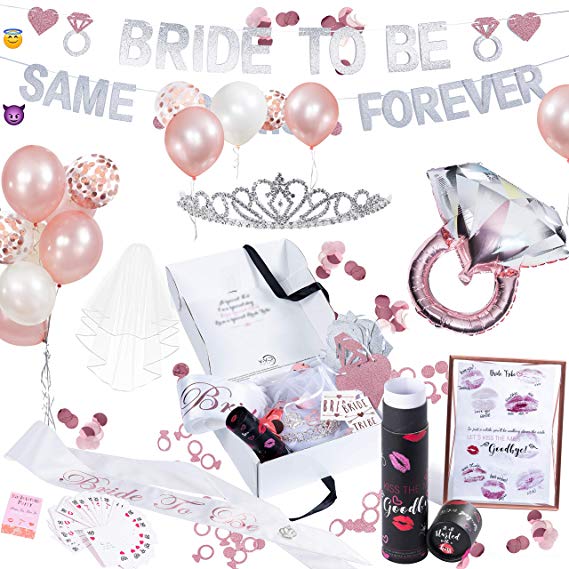 ViViD FunLab Bachelorette Party Decorations Kit | Bridal Shower Supplies | Bride to Be Sash, Veil, Tiara, Bride Tribe Tattoos | Rose Gold & Confetti Balloons, Glitter Banner, Bachelorette Party Games