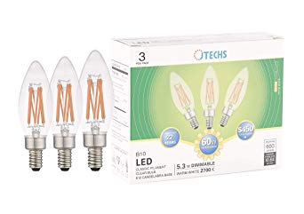 Jtechs 3 Pk, Clear, LED, (B10), Dimmable, 60 Watt Equivalent, Warm White Chandelier/Candelabra Bulbs. Excellent in Wood, Metal and Mixed Material Chandeliers. UL Listed. Smooth Dimming