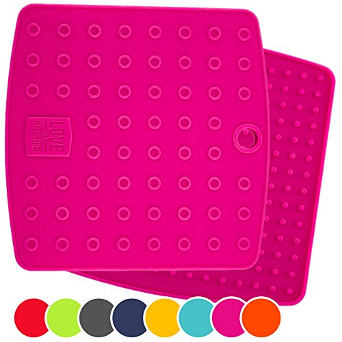 Set of (2) Premium, 5 in 1 Multipurpose Silicone Kitchen Tool: Trivet Mat, Pot Holders, Spoon Rest, Jar Opener, Coaster | Heat Resistant Hot Pads | Thick & Flexible | Great Gifts for Her (Fuchsia)
