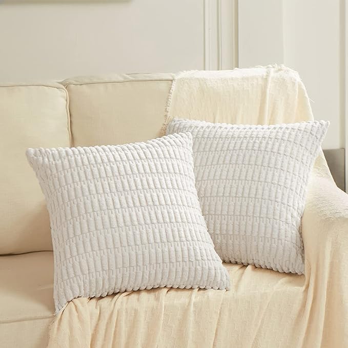 Fancy Homi 2 Packs Pure White Decorative Throw Pillow Covers 26x26 Inch for Living Room Couch Bed Sofa, Rustic Farmhouse Boho Home Decor, Soft Striped Corduroy Square Cushion Case 66x66 cm