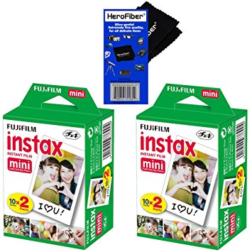 Fujifilm Instax Mini Twin Pack Instant Film - 2 pack (40 sheets) for Fujifilm Instax Mini 7s, Mini 8, Mini 25, Mini 50S, Mini 90 & SP-1 Smartphone Printer   HeroFiber® Ultra Gentle Cleaning Cloth