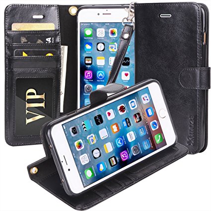 iPhone 7 Plus Case, Moze iPhone 7 Plus Wallet Case [4 Card Slots ] [Wrist Strap] [Stand Feature] PU Leather Flip Wallet Case Cover for iPhone 7 Plus - Black