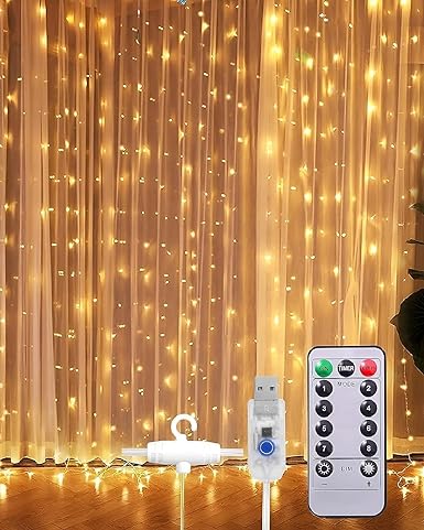 Curtain String Lights with Remote, JR.INTL 300 LEDs Window Curtain Fairy Lights 8 Modes 9.8ftx9.8ft USB Powered Fairy Lights for Party Bedroom Wall, Christmas Wedding Party (Warm White)