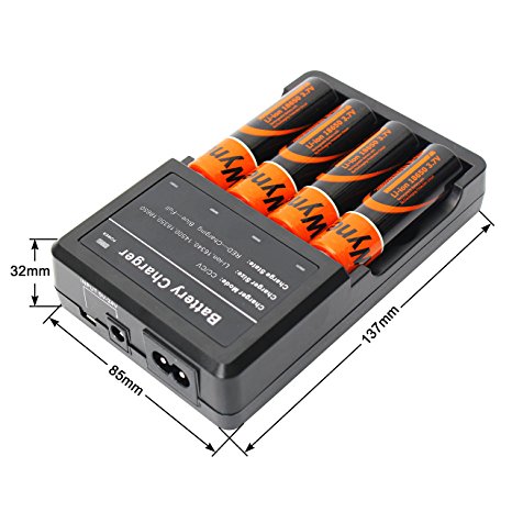 Wyness Four Channels Smart Batteries Charger Li-ion, IMR, LiFePO4 18650 26650 22650 17670 18490 17500 18350 16340 14500 10440 14430-600 16340-550 Rechargeable Batteries(Include 4x18650 Batteries)
