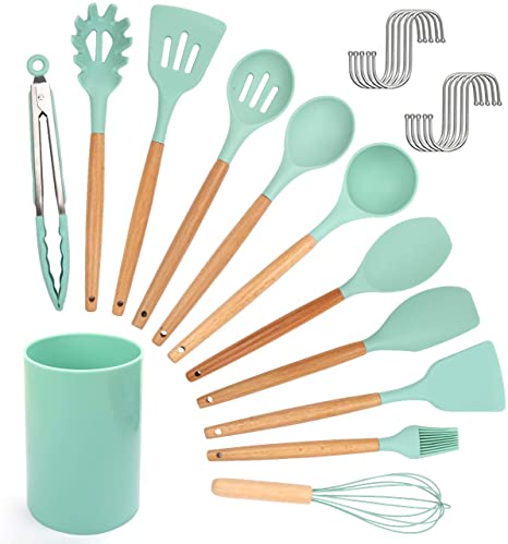 Freehawk 12PCS Utensil Set Silicone Cooking Utensils Tools Wooden Handle Spoons Spatula Set Cookware Spatulas/Spoons/Brush/Tong/Whisk Turner Tongs Kitchen Gadgets with Holder