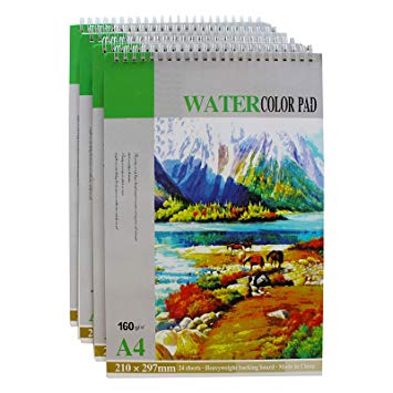 Watercolour Pad (4 Pieces) - Drawing Paper A4 - Sketch Book (21 x 29.7 cm) 160gsm (Total 96 White Sheets) - Artist Pad Perfect for Wet, Dry and Mixed Media - Painting Paper