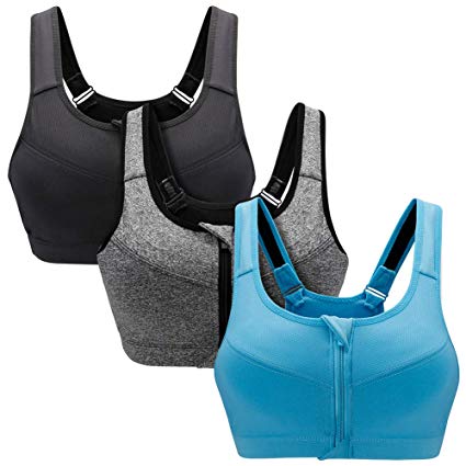 SANMIO 3Pcs Women Sport Bra, Zipper Front High Impact Yoga Bra for Active Yoga Fitness Jogging