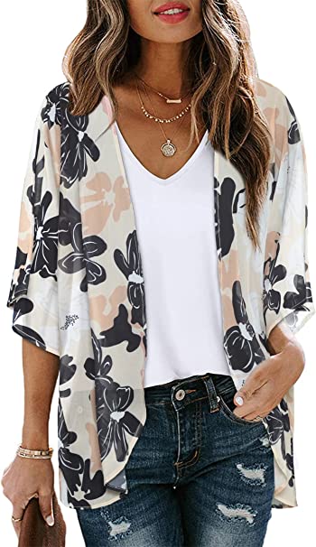 Women's Floral Print Puff Sleeve Kimono Cardigan Loose Cover Up Casual Blouse Tops