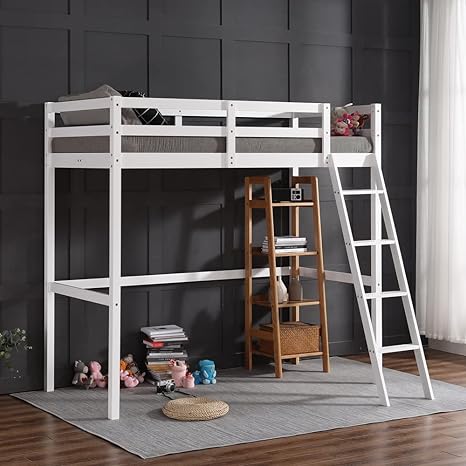 JOYMOR Loft Bed Twin Size Wood Loft Bed Frame for Kids Junior Adults with Full-Length Guardrail and Ladder (High Loft)