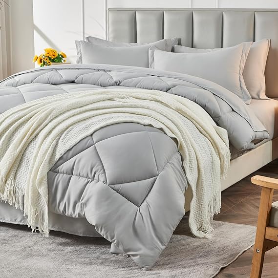 CozyLux Full Comforter Set with Sheets 7 Pieces Bed in a Bag Light Grey All Season Bedding Sets with Comforter, Pillow Shams, Flat Sheet, Fitted Sheet and Pillowcases