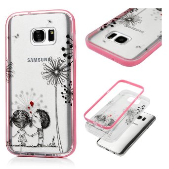 Galaxy S7 Edge Clear Case - BADALink Colorful Painting 2 in 1 Dual Layer Protection with Detachable Hard PC Bumper   Soft TPU Back Cover Case for Samsung Galaxy S7 Edge (2016) - Boy and Girl