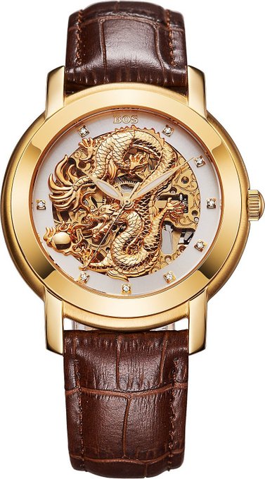 BOS Men's 'Chinese Dragon Collection 'Gold Dial Calfskin Band Automatic Mechanical Wrist Watch 9007