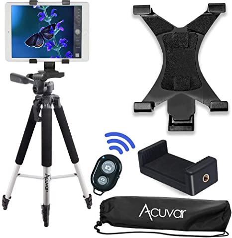 Acuvar 57" inch Pro Series Tripod, Tablet Mount   Acuvar Universal Smartphone Mount   Wireless Remote for All Smartphone and tablet devices   eCostConnection Microfiber Cloth
