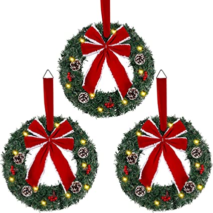 Hausse Set of 3 Christmas Wreaths, Lighted Artificial Christmas Wreath with Large Red Bow & Ornaments, Battery Operated with LED Lights, for Front Door Gate Wall Christmas Party Decorations