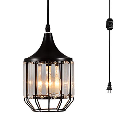 Creatgeek Plug-in Crystal Pendant Light with 15 Ft Cord and In-Line On/Off Dimmer Switch for Kitchen Island, Dining Room, Black Antique Metal Finish