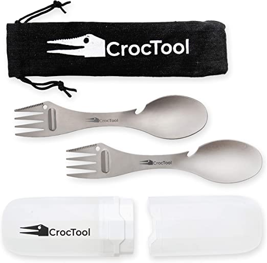 CrocTool Spork Ultra Lightweight and Strong 5 in 1 Camping Utensil Set-Spoon Fork Knife Peeler Bottle Opener Bag Carry case. Ideal for Outdoors, Home or Office
