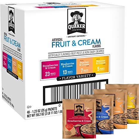 Quaker Instant Oatmeal Fruit and Cream Variety Pack, Breakfast Cereal, 1.23 Ounce, 48 Count