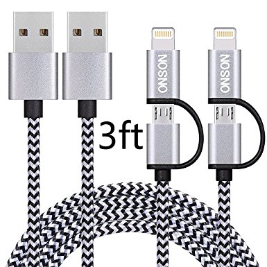 ONSON Cable 2Pack 3FT 2 In 1 Dual Connector Lightning & Micro USB Sync and Charging Cable for iPhone 6/6S/6 Plus/6S Plus,iPhone 5/5C/5S/SE,iPad 4/Mini Air and more (Black White)
