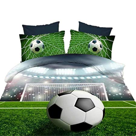 Special Green 3D Soccer Ball Print 4 Piece Microfiber Bedding Sets With 1 Duvet Cover 1 Flat Sheet 2 Pillow Cover,Queen