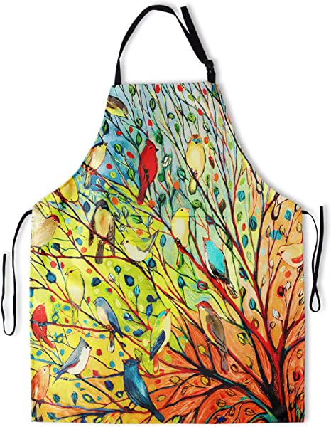Granbey Colorful Bird Apron with Pockets Colored Trees Anti-oil Apron with Adjustable Neck Straps Cute Animal Color Tree Waterproof Bib Art Animals Birds Fashion Bibs for Woman Man Cooking BBQ
