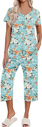 Ekouaer Women's Pajama Sets Short Sleeve Sleepwear Button Up Pj Loungewear Top and Capri Pants with Pockets