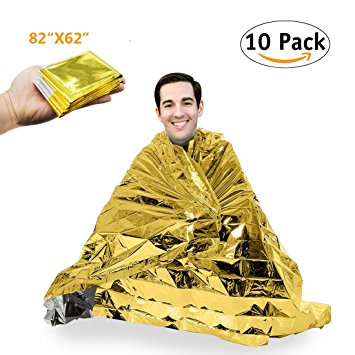 82" X 62" Two-Sided Extra Large Mylar Emergency/Survival Blanket - Moistureproof and 90% Heat Retention Pack of 10