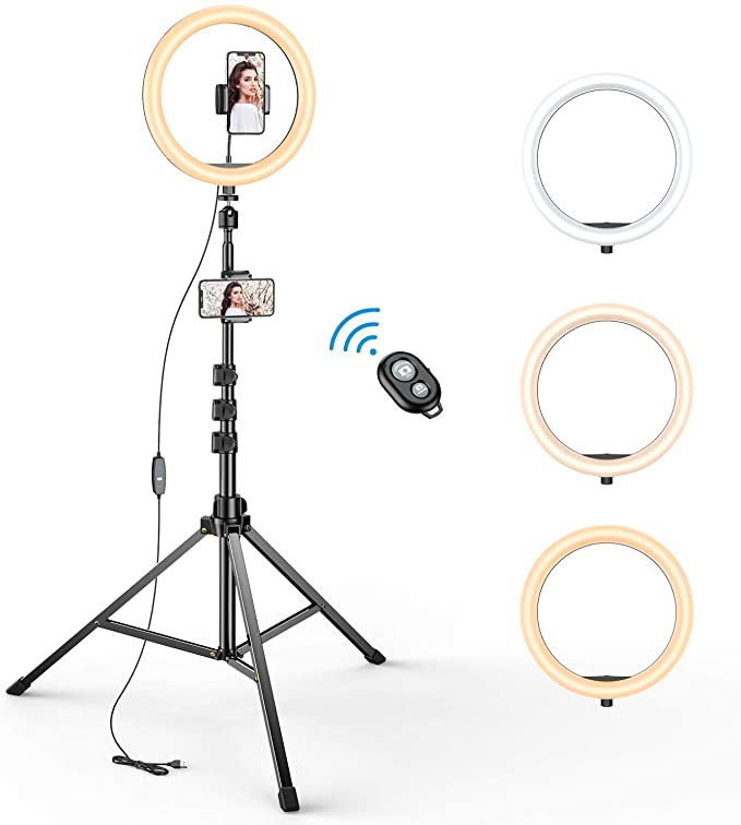 LED Ring Light with Tripod Stand GUSGU Extra Tall 10.2'' Ring Light Up to 76’’ Height Adjustable 3 Color Modes & 10 Brightness Levels,with 2 Phone Mounts,for YouTube,Live Streaming,Makeup,Photography