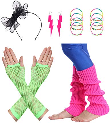 JustinCostume Women's 80s Outfit Accessories Neon Earrings Leg Warmers Gloves