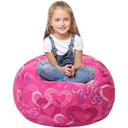 Stuffed Animal Storage Bean Bag - Holds 75  Plush Toys - Easily Converts from Bin to Comfy Chair - Durable Activity Organizer for Girls - Sweet Addition to Any Kid's Room - Princess, 27 inches