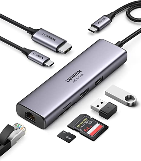 UGREEN USB C Hub Ethernet mit 4K 60Hz HDMI USB C Adapter LAN mit HDMI, RJ45, 100W PD, SD/microSD, 2 USB 3.0 Kompatibel mit MacBook Air/Pro, iPad Pro/Air, iPad Mini 6, XPS 13 Book usw.