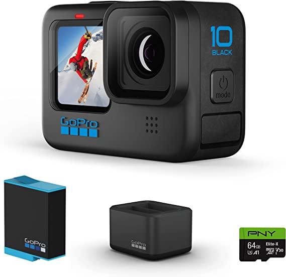 GoPro HERO10 Black Bundle   Dual Battery Charger   1 Extra Battery   64GB SD Card - E-Commerce Packaging - Waterproof Action Camera with Front LCD & Touch Rear Screens, 5.3K60 Ultra HD Video