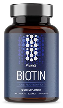 Biotin - Max Strength x 365 Tablets | 1 year supply - 5000mcg per day | Suitable for vegetarians & vegans - Highest quality Biotin UK MADE | 365 Tablets | Hair - Contributes to normal hair growth supplement