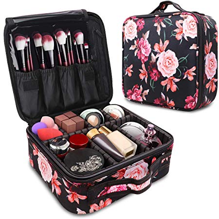 WAVEYU Makeup Case Bag Organizer,Travel Cases Cosmetic Flower Bag for Women Portable Toiletry Train Case with Adjustable Dividers Travel Accessories for Make Up Brushes Toiletry Jewelry, Black