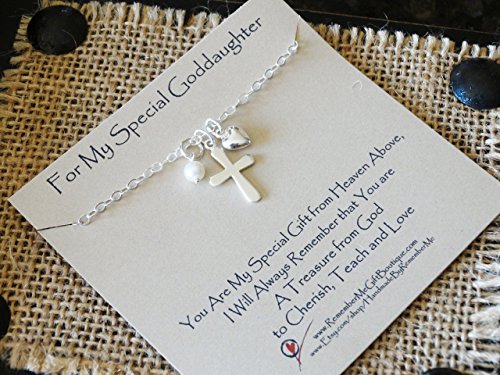 Goddaughter Necklace, First Communion and Confirmation Gift, Catholic Jewelry, Cross, Heart, Freshwater Pearl