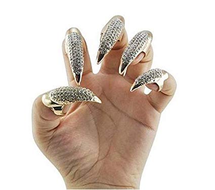 10 PCS Rhinestone Costume Claws Fake Nails Ring Set, Bestga Gothic Punk 3 Sizes Crystal Full Finger Rings Paved Paw Bend Fingertip Fingernail Claw Girls Women Men Ring False Easy Long Nails Golden