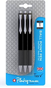 Platignum Tixx Black Ballpoint Pen [Pack of 3] Soft Grip Barrel with Hybrid Gel Ink for Smudge-Free and Ultra-Smooth Writing [50501]