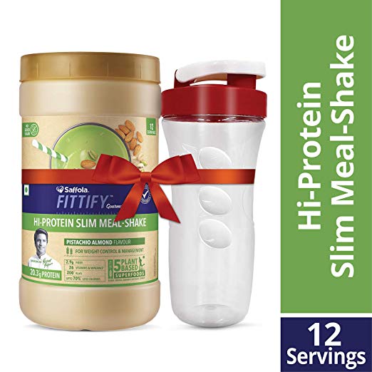 Saffola FITTIFY Gourmet Hi-Protein Slim Meal Shake - Pistachio Almond, 420 gm, 12 servings - Meal Replacement Shake with 5 superfoods with Free 700 ml Protein Shaker
