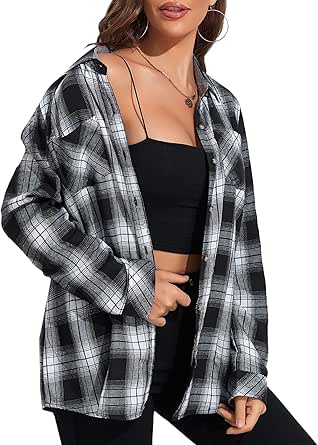 Deer Lady Plaid Flannel Shirts for Women Buffalo Plaid Shirts Oversized Long Sleeve Casual Button Down Blouse Top