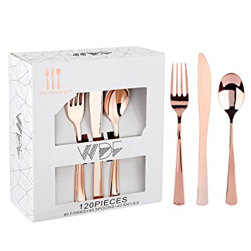 120 Pieces Rose Gold Plastic Silverware- Disposable Flatware Set-Heavyweight Plastic Cutlery- Includes 40 Forks, 40 Spoons, 40 Knives -WDF (Rose Gold)