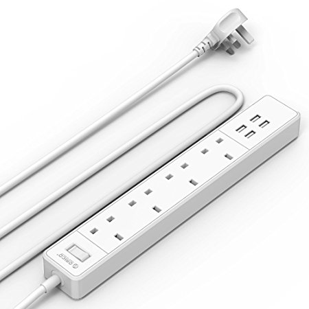 Orico® USB Charging Extension Lead Overload Protection with 4 Way UK Plug Socket Power Strip & 4 x 2.4A Fast USB Charger, 1.8M 13A Fused Power Cord - White