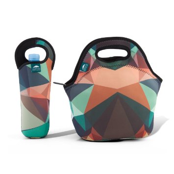 Insulated Neoprene Lunch Bag Tote | Includes 12" Big Water Bottle Cooler | Lightweight | Rugged Zipper | Washable | Stretchy | Great For Larger Lunches | Designer Camo Pattern | Eco | Nordic By Nature