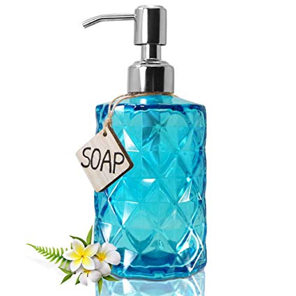 JASAI Diamond Design Glass Soap Dispenser with 304 Rust Proof Stainless Steel Soap Pump, Clear Glass 12 Oz Kitchen Soap Dispenser for Bathroom Accessories, Countertop (Clear Blue)